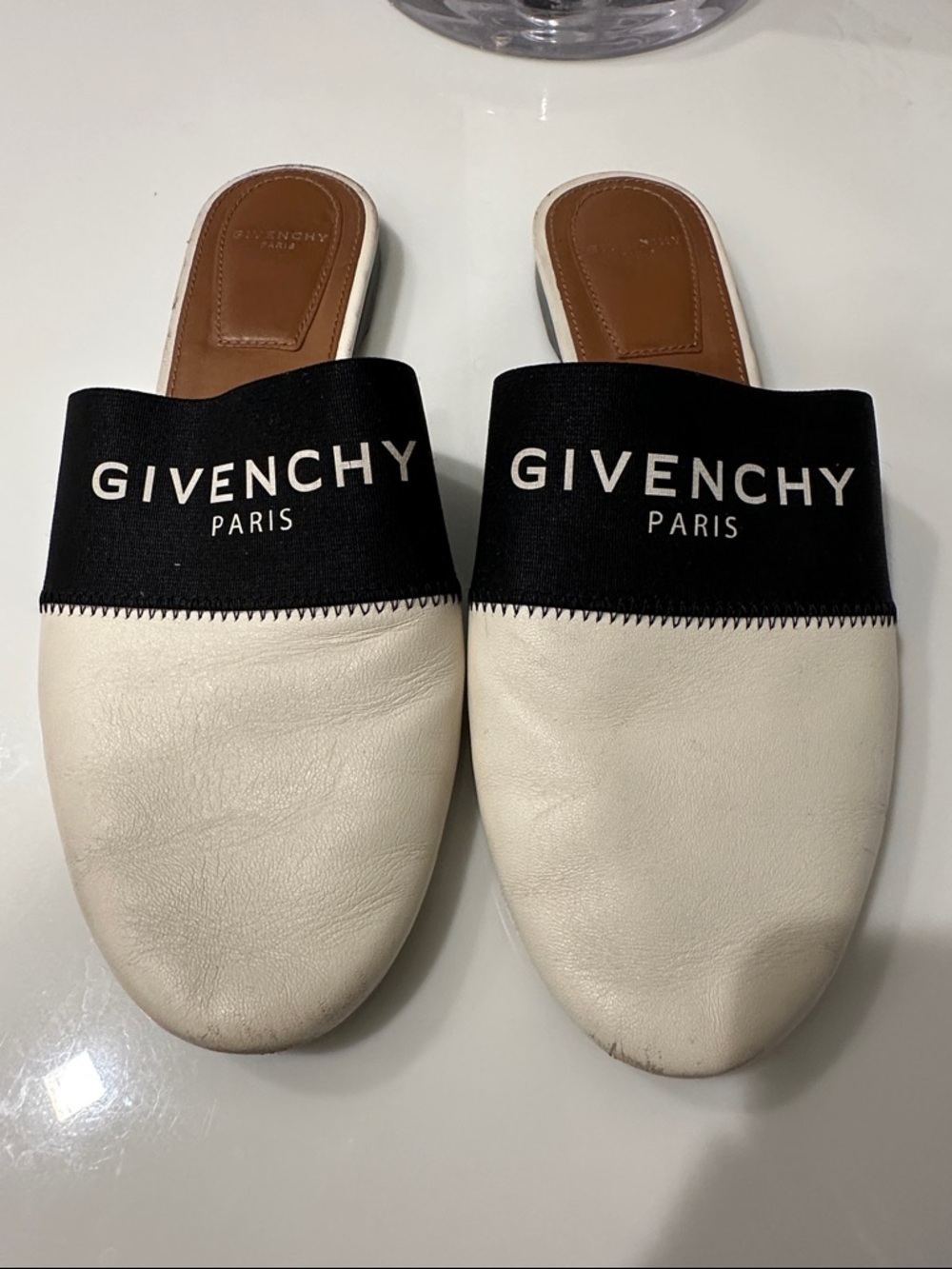 Givenchy White Leather Slip-On Mules with Black Logo Band size 6.5